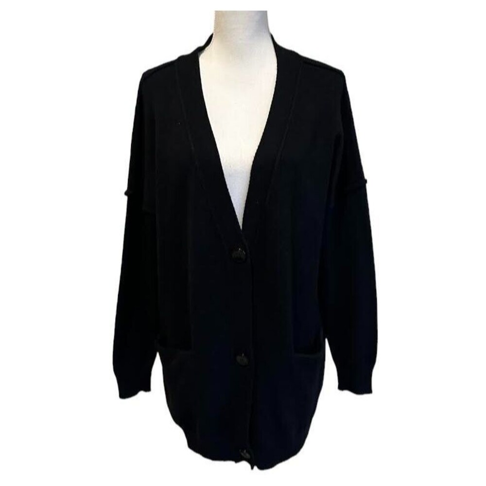 Women's L Deep V Neck Button Down Ribbed Cardigan Knitted Sweater Bat Sleeve
